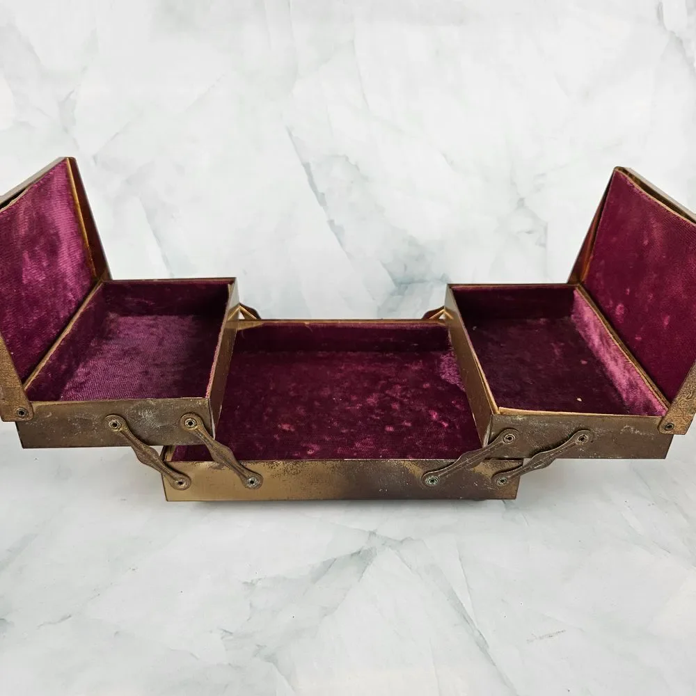 Vintage‎ metal trinket jewelry box velvet lined pearl inlay art deco accordion